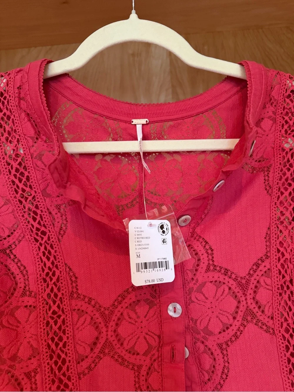 Free People Red Crochet Lace Button-Front Long Sleeve Top